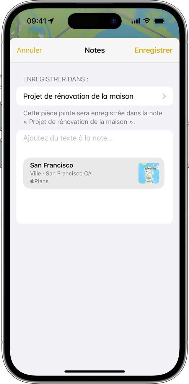 iPhone montrant comment ajouter une pièce jointe dans l’app Notes.