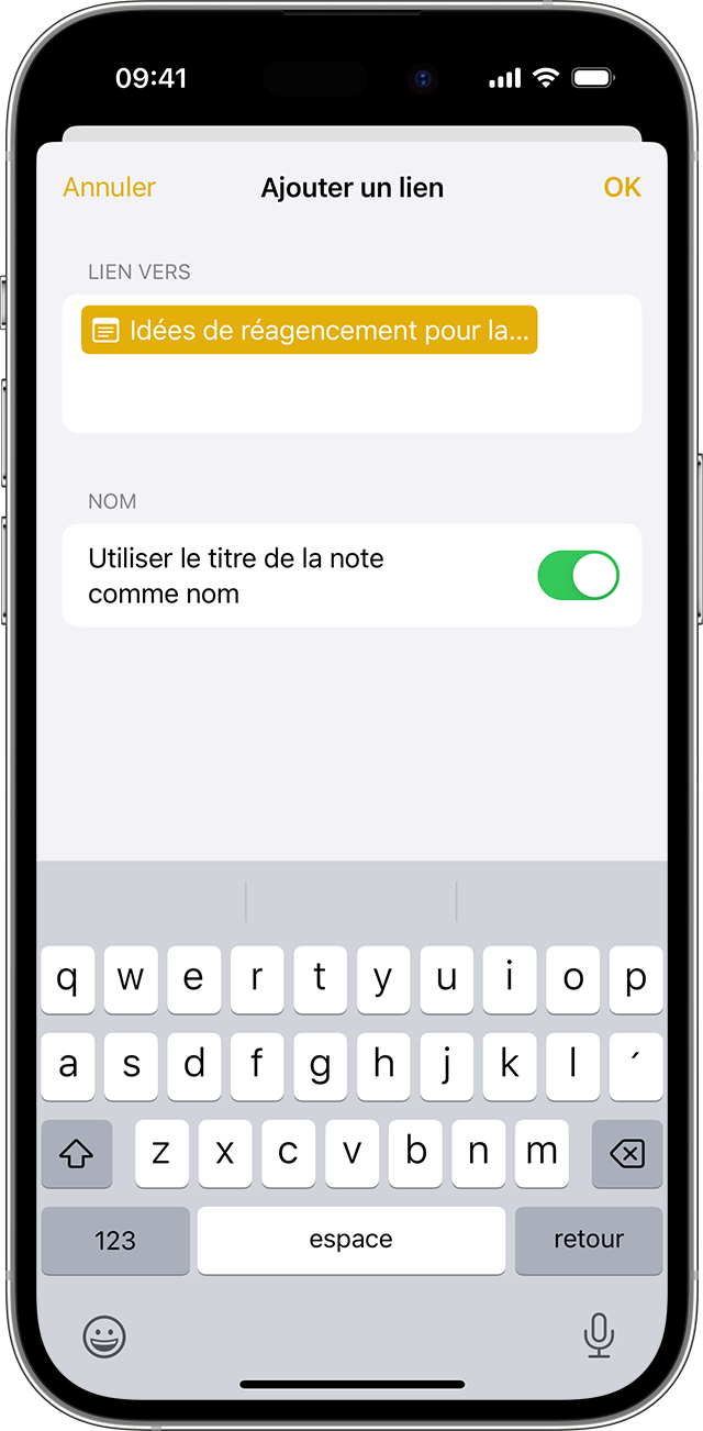 Les options d’ajout d’un lien dans Notes sur iPhone doté d’iOS 17 ou d’une version ultérieure.