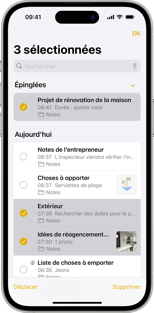iPhone montrant comment déplacer une note dans un autre dossier dans l’app Notes.