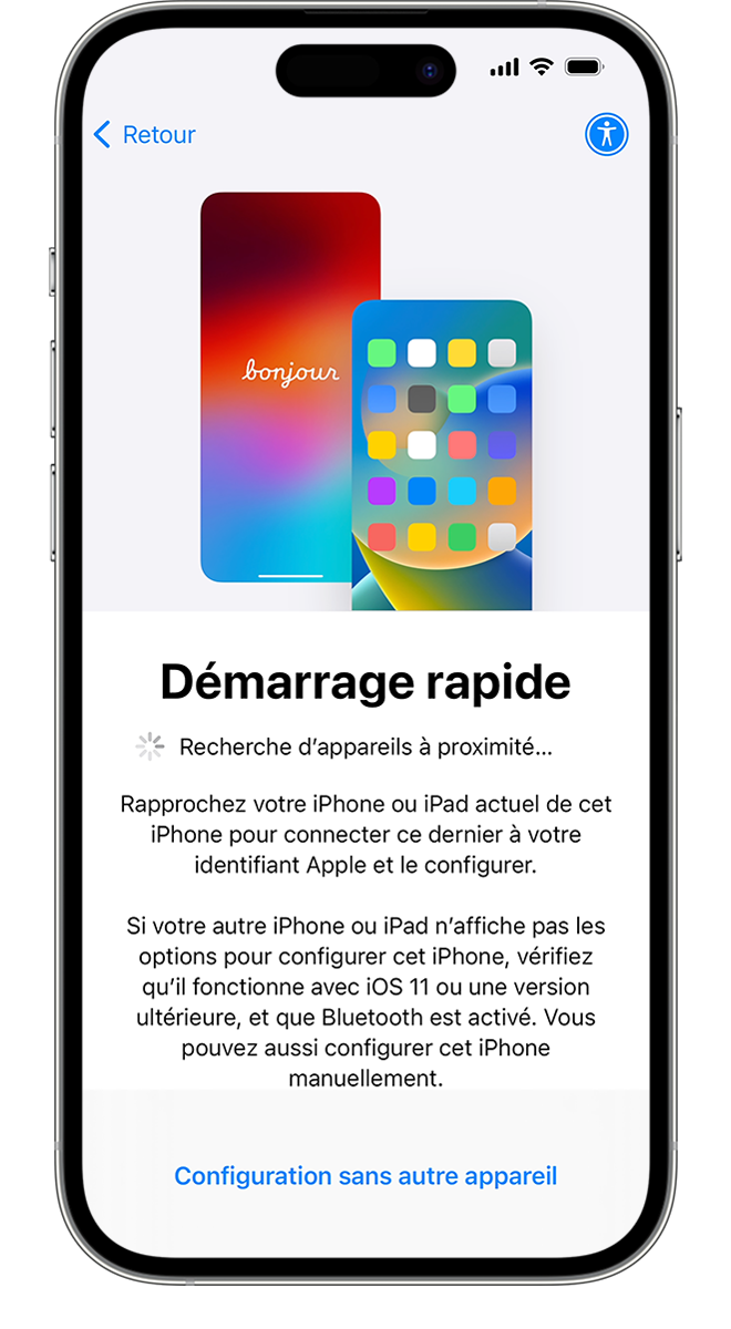 Si vous placez votre ancien téléphone à proximité de votre nouvel iPhone, l’app « Migrer vers iOS » vous aidera à transférer des données sans fil.