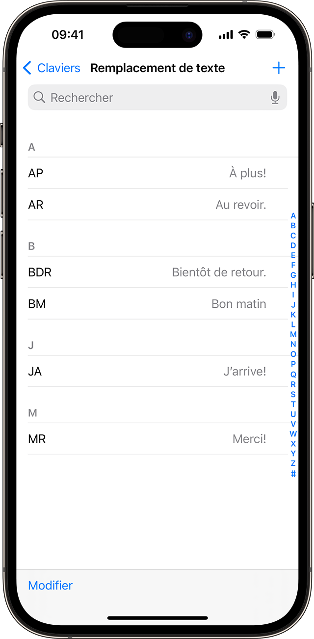 Liste des raccourcis texte configurés sur votre iPhone.