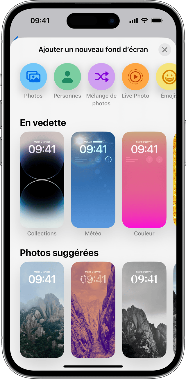 Les options permettant d’ajouter un nouveau fond d’écran dans iOS 16.