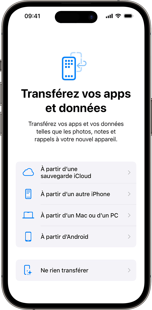 Les options Transférez vos apps et données lorsque vous configurez un iPhone sous iOS 17