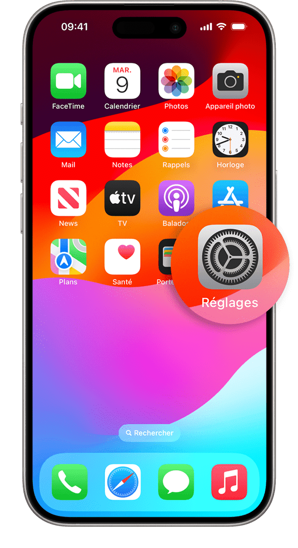 Un iPhone affichant l’écran d’accueil avec l’icône de l’app Réglages agrandie.