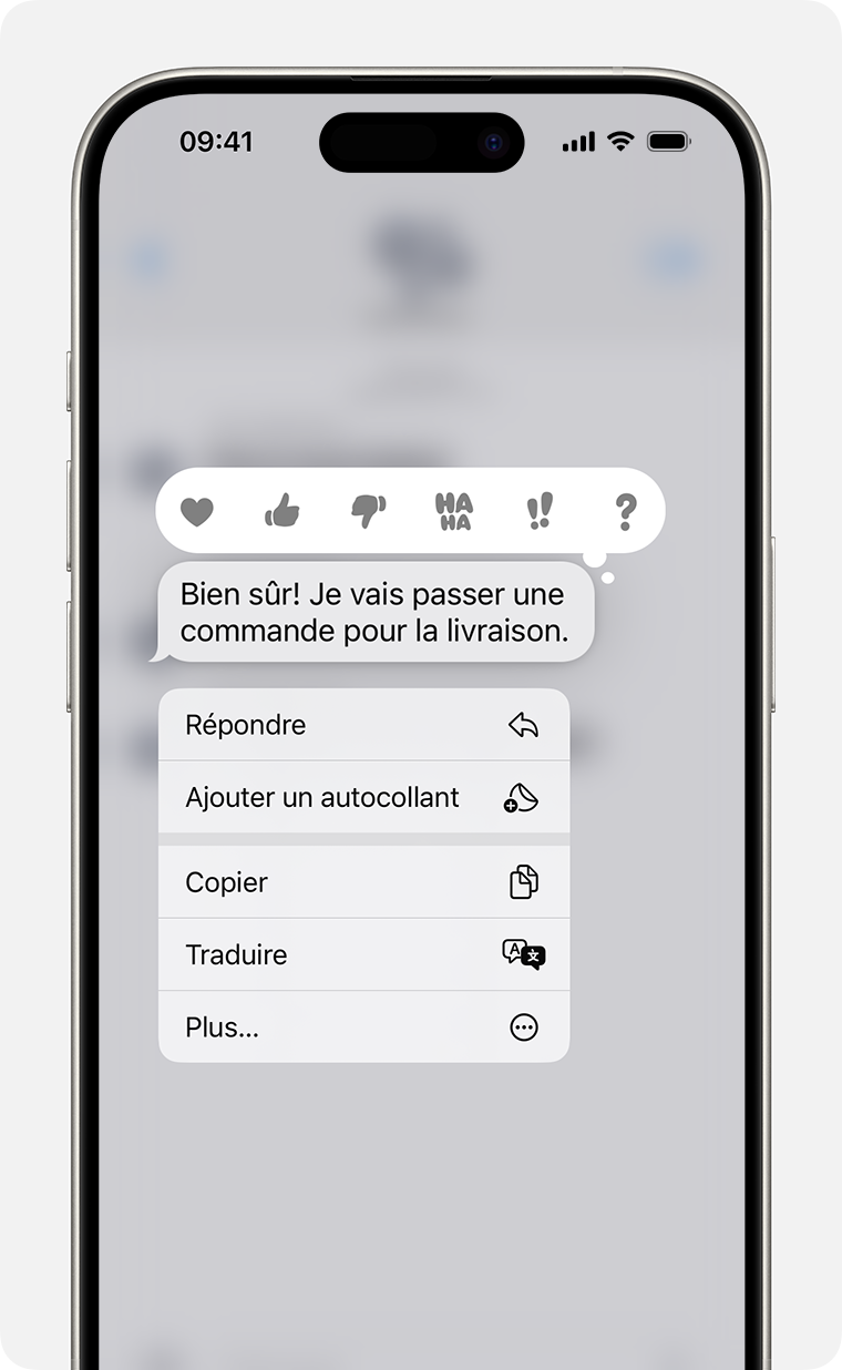 iPhone affichant le menu de réponse intégré obtenu après un toucher prolongé sur une bulle de message