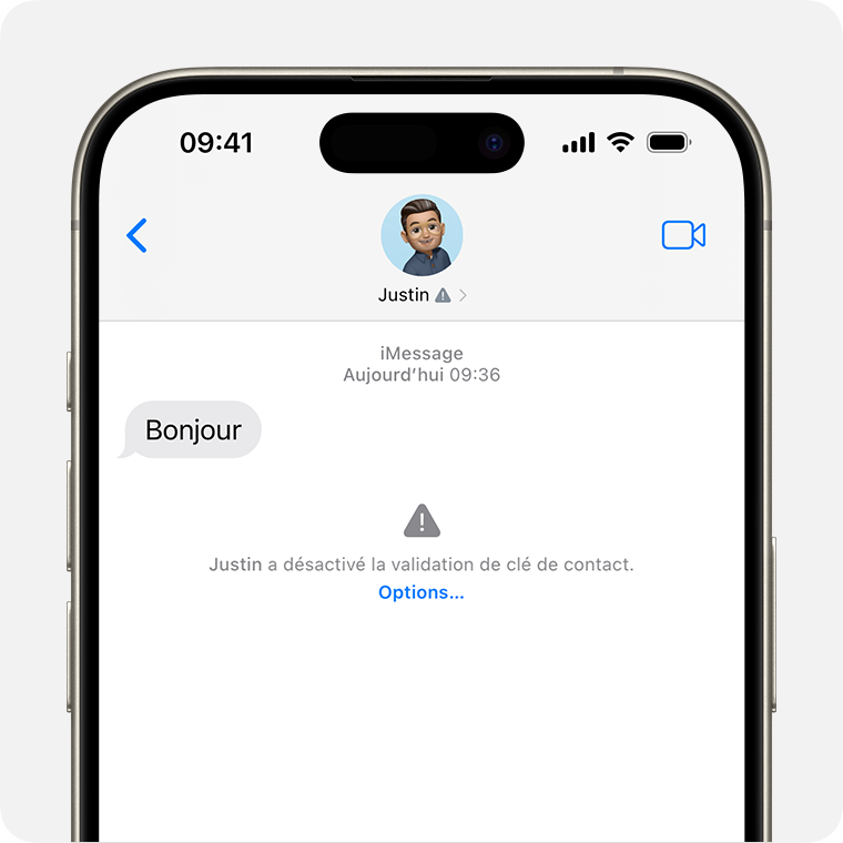 Dans les conversations iMessage, vous recevez une alerte si votre contact désactive la validation de clé de contact iMessage