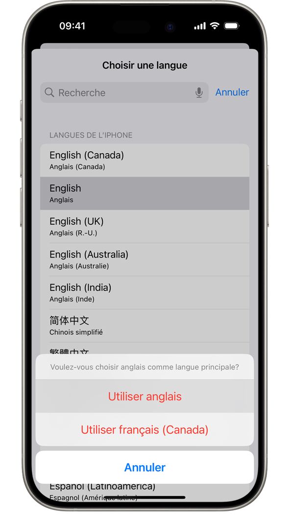 Un iPhone affichant l’alerte « Voulez-vous choisir Français comme langue principale? » Les options affichées sont Utiliser Français, Utiliser Anglais (É.-U.) et Annuler.