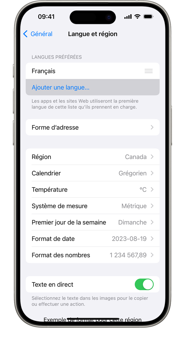 Un iPhone affichant le menu Langue et région; l’option Ajouter une langue est en surbrillance.