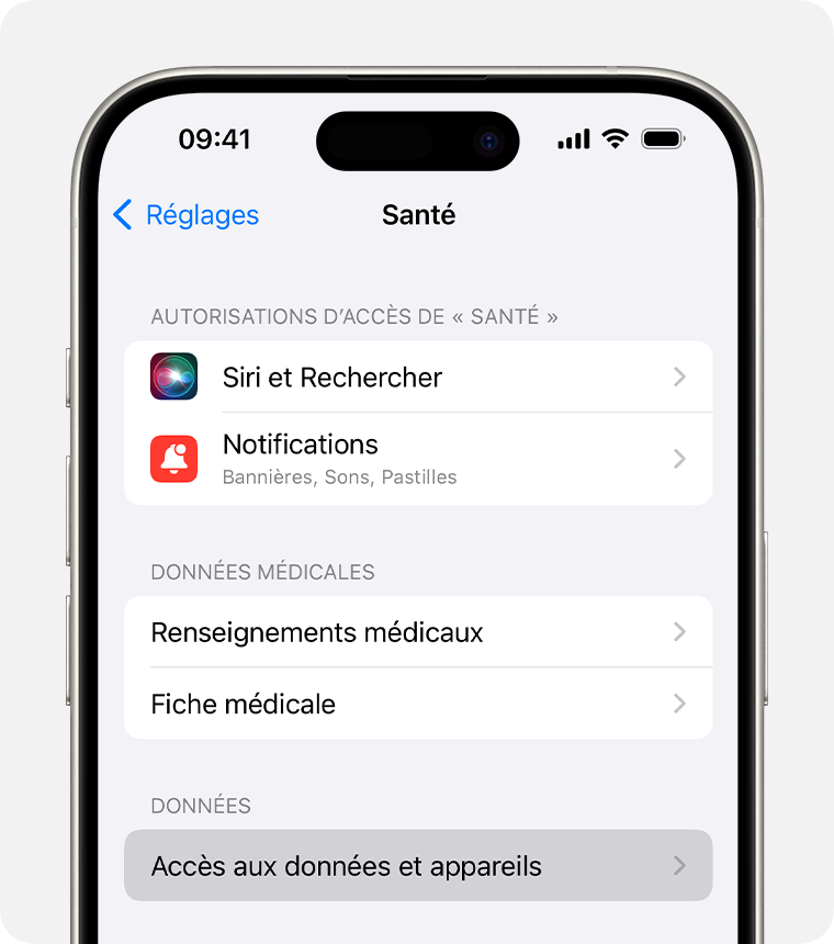 Dans les réglages de Santé sur iPhone, vous pouvez modifier des réglages comme l’accès de Siri aux données de Santé.