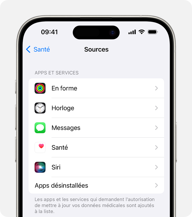 Dans les réglages de Santé sur iPhone, touchez Siri pour activer ou désactiver l’accès de Siri aux données de l’app Santé.
