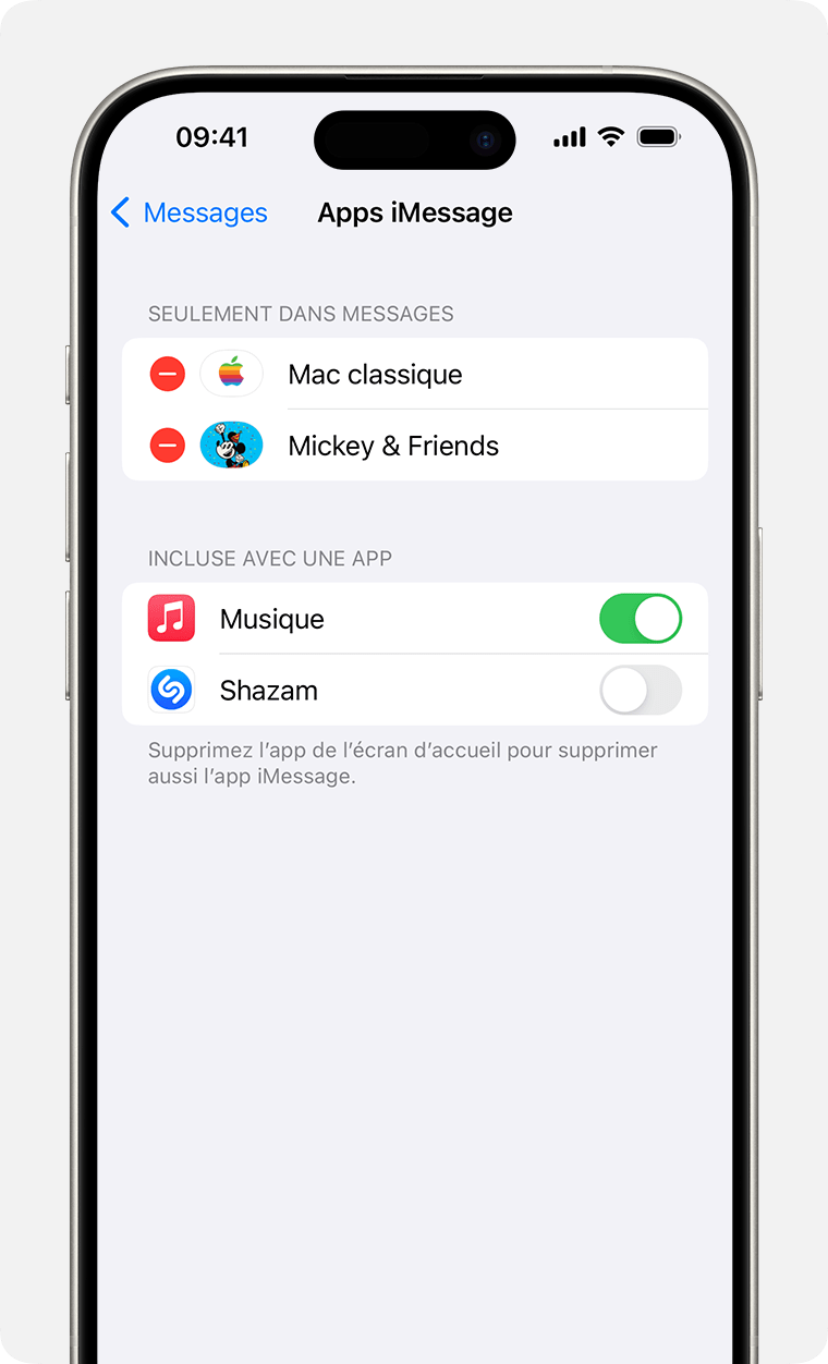 Un iPhone qui montre comment activer ou désactiver les apps iMessage