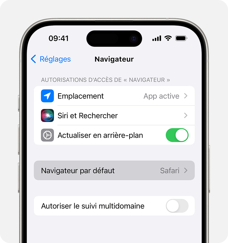 Un écran d’iPhone affichant l’option permettant de définir un navigateur par défaut