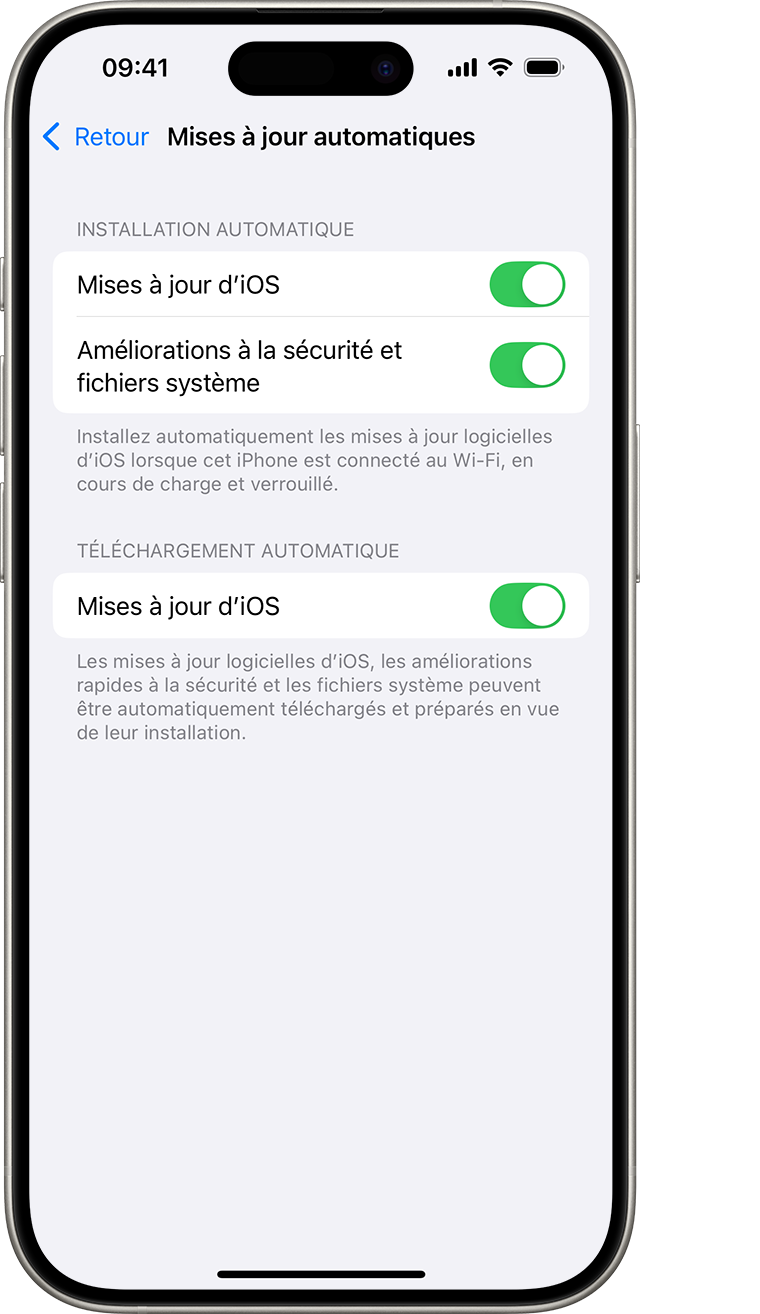 Un iPhone affichant l’écran Mises à jour automatiques