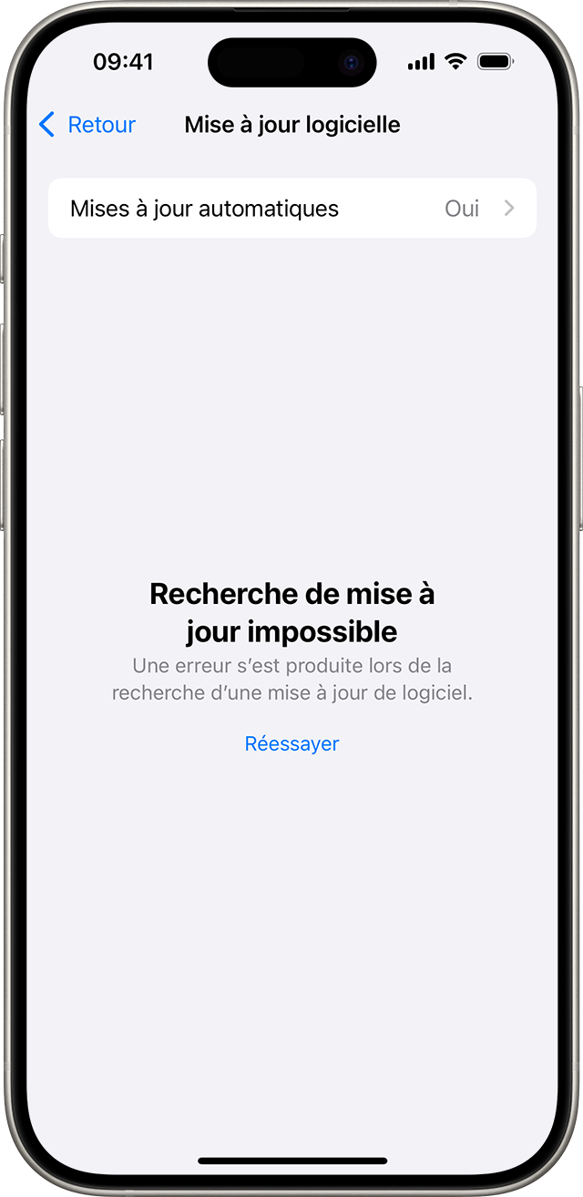 iPhone affichant le message Recherche de mise à jour impossible