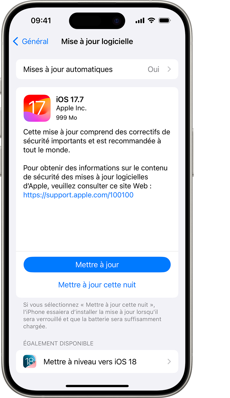 Un iPhone montrant l’écran Mise à jour logicielle. Mettre à jour maintenant est l’option sélectionnée.