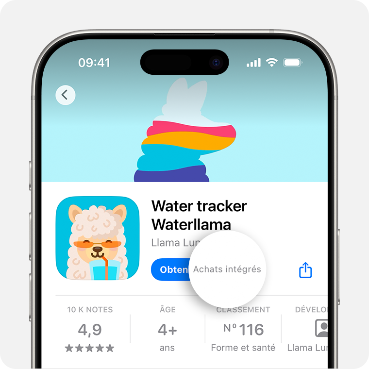 iPhone affichant une app dans l’App Store ainsi que la mention Achats intégrés à côté du bouton Obtenir.
