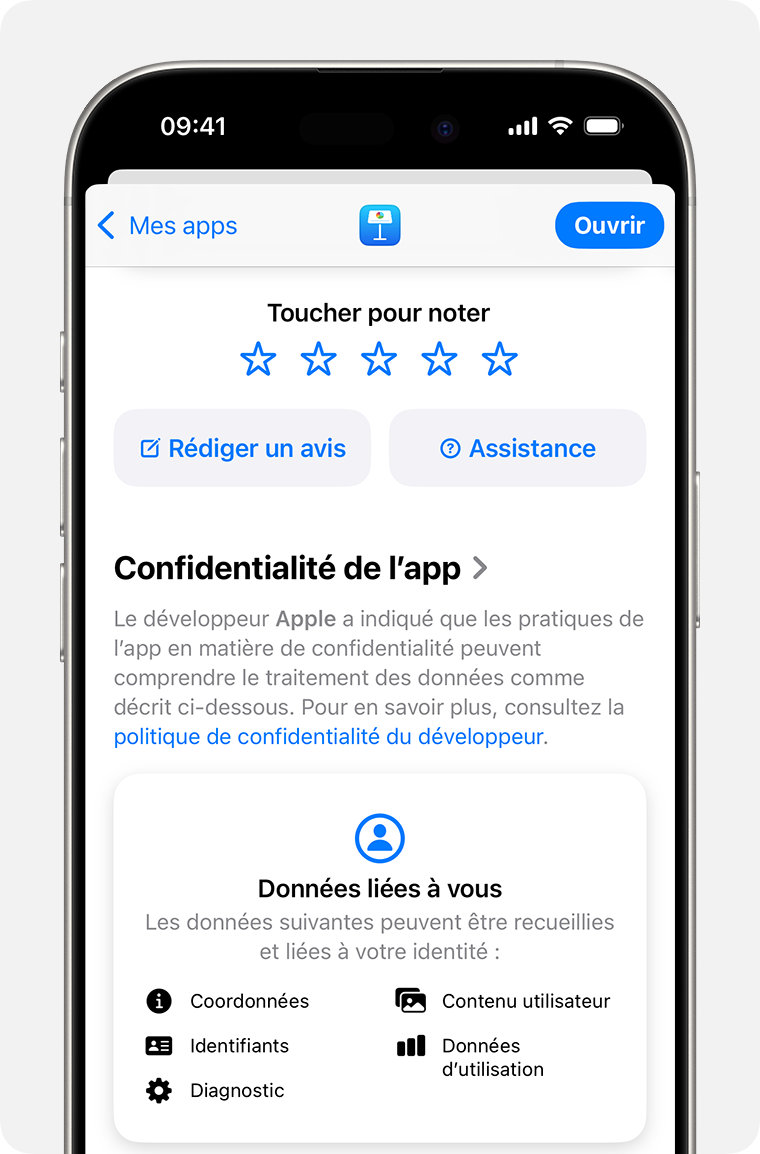 Sur un iPhone, la page de description de l’app Keynote est affichée. Dans la partie supérieure, la page affiche cinq étoiles que vous pouvez utiliser pour évaluer l’app, un bouton pour rédiger un avis et un bouton d’Assistance.