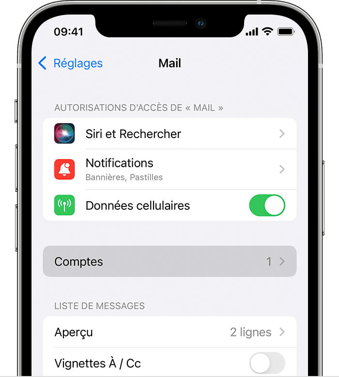 Accédez à Réglages > Mail pour commencer à configurer votre compte de messagerie automatiquement sur votre iPhone.