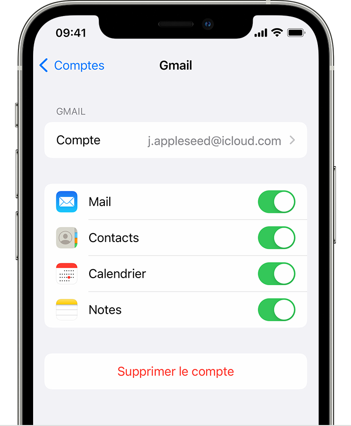 iPhone affichant les réglages d’un compte Gmail connecté dans Réglages > Mail > Comptes > Gmail.