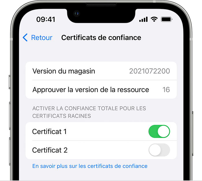 Réglages d’approbation de certificat de l’iPhone