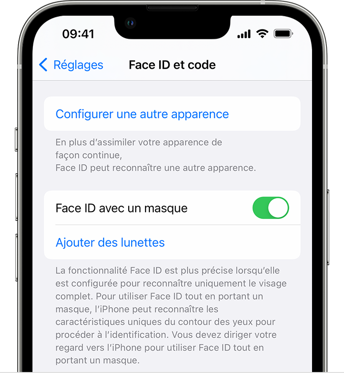 Si vous utilisez un iPhone 12 ou un modèle ultérieur sous iOS 15.4 ou une version ultérieure, dans Réglages, vous verrez l’option Face ID avec un masque dans la page Face ID et code.