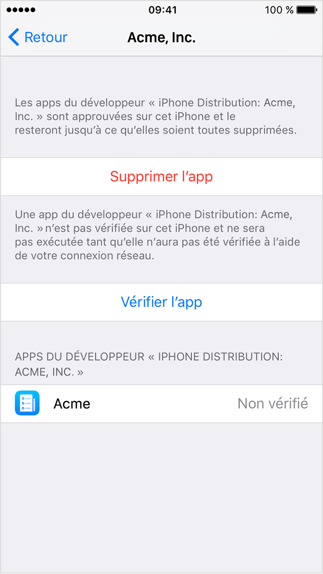  L’écran d’iPhone affiche une invite pour vérifier qu’une app d’entreprise devrait être approuvée