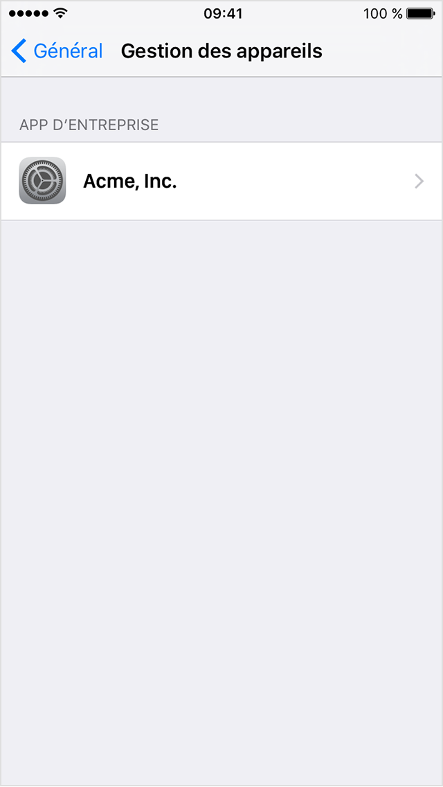  L’écran d’iPhone affiche le menu Gestion des profils et périphériques