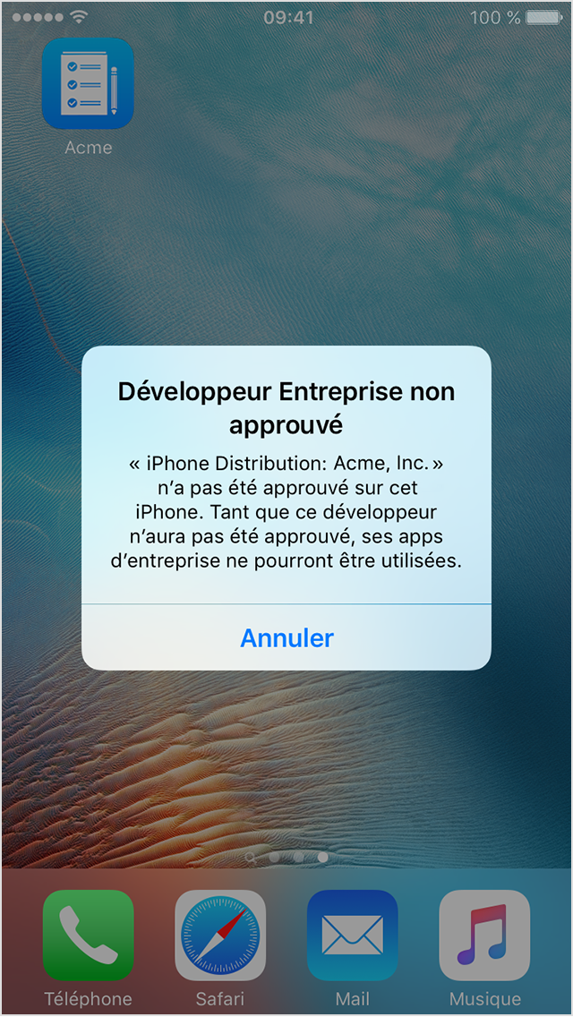  Message pour les développeurs en entreprise non approuvés sur l’écran d’iPhone