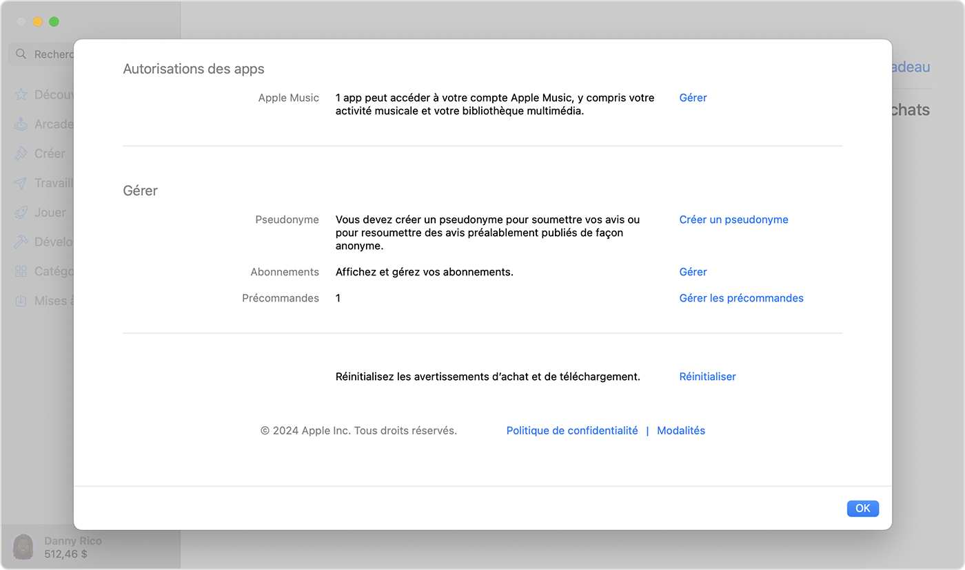 App Store sur Mac montrant la section Précommandes dans Réglages du compte