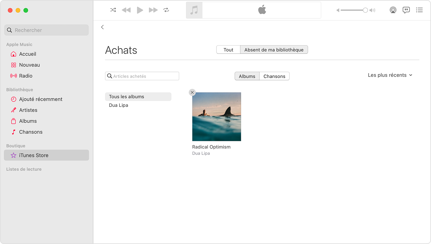 L’app Apple Music pour Mac qui montre le bouton Hide Purchases (Masquer les achats) sur un élément acheté