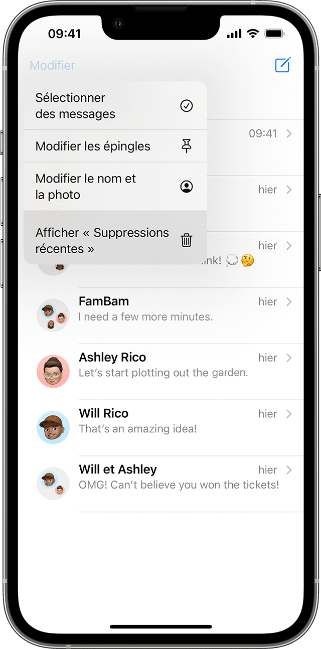 Sur la page des conversations de Messages, touchez Modifier pour accéder à l’option permettant d’afficher les messages récemment supprimés.