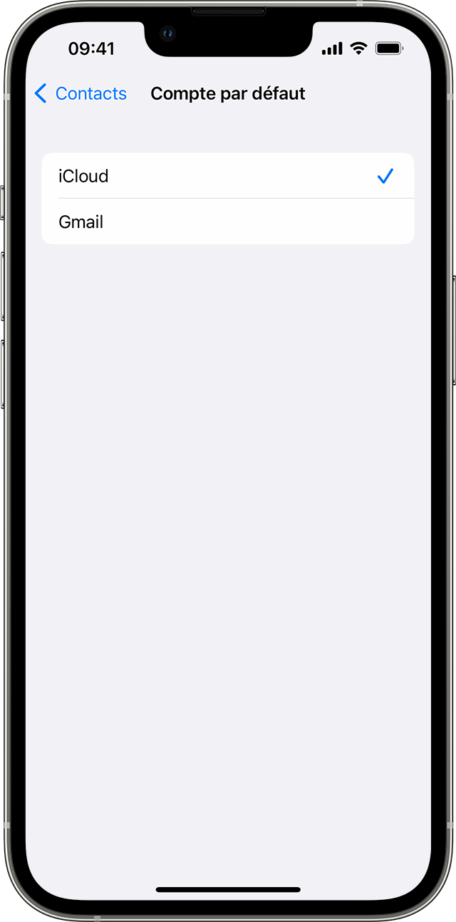 iPhone affichant l’écran Compte par défaut