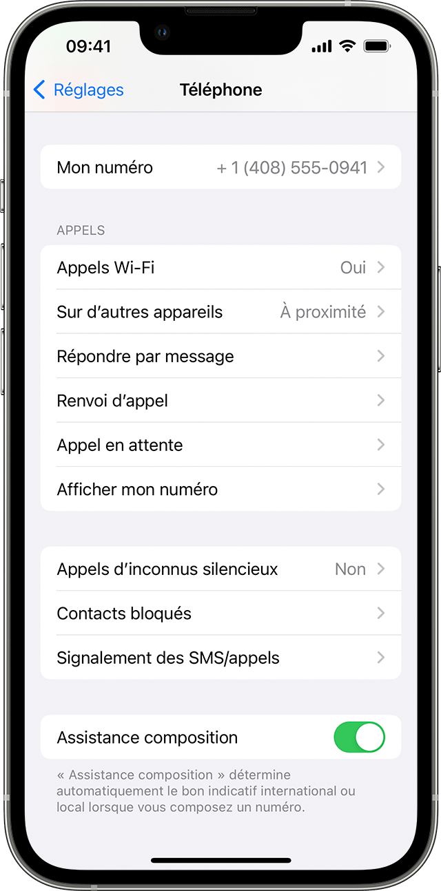 Un iPhone affichant l’écran Téléphone, avec l’option Appels Wi-Fi activée.