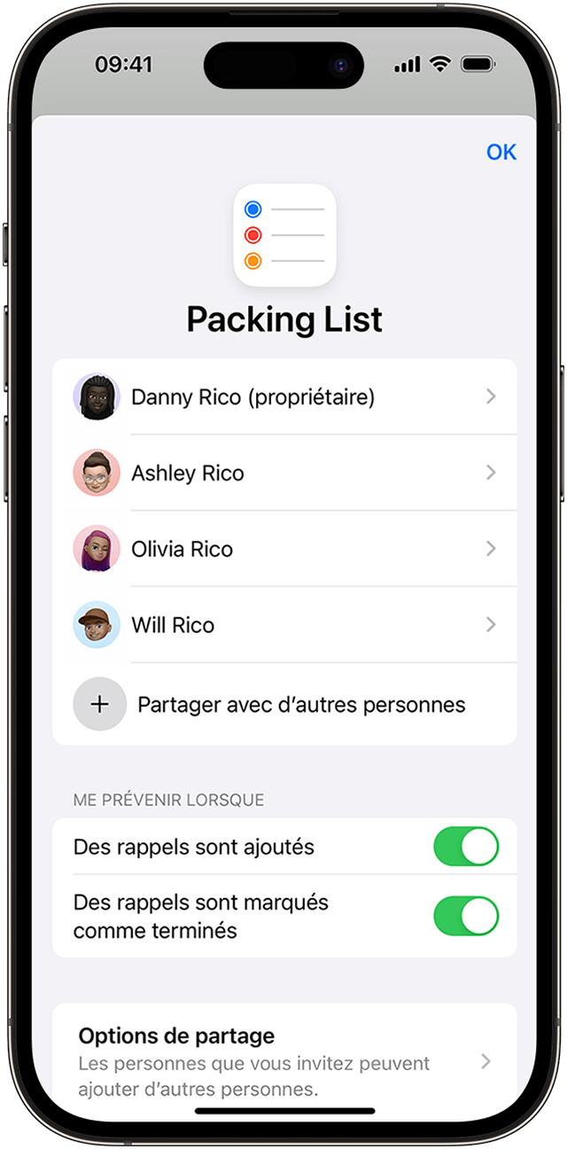 Sur votre iPhone, vous pouvez partager une liste de rappels avec vos contacts et modifier les notifications automatiques via les options Gérer la liste partagée.