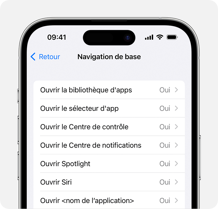 iPhone affichant le menu des commandes Navigation de base.