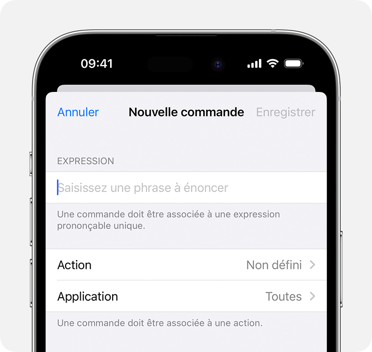 iPhone affichant les réglages Nouvelle commande, où vous pouvez saisir une phrase à énoncer.