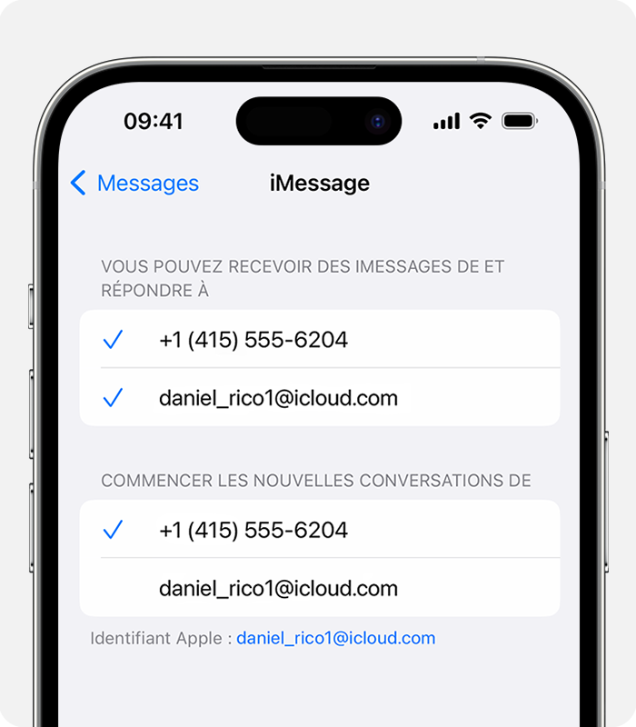 Sous Réglages > Messages > Envoi et réception, vous pouvez choisir d’utiliser un numéro de téléphone ou une adresse e-mail pour les nouvelles conversations.