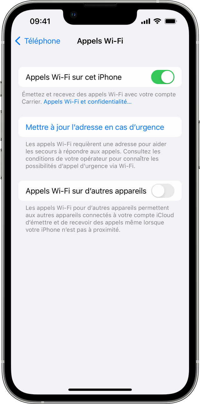 Un iPhone affichant l’écran Appels Wi-Fi, la fonctionnalité Appels Wi-Fi sur ce téléphone étant activée.
