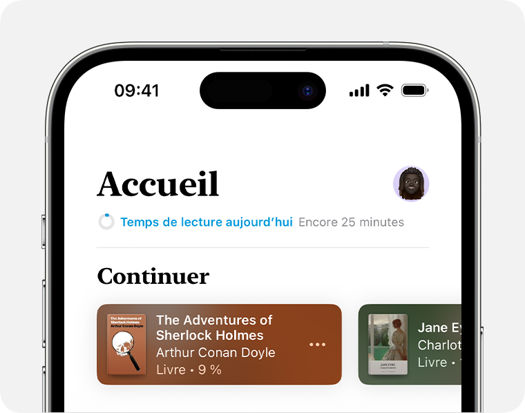 Écran d’iPhone montrant la section Accueil de l’app Livres 