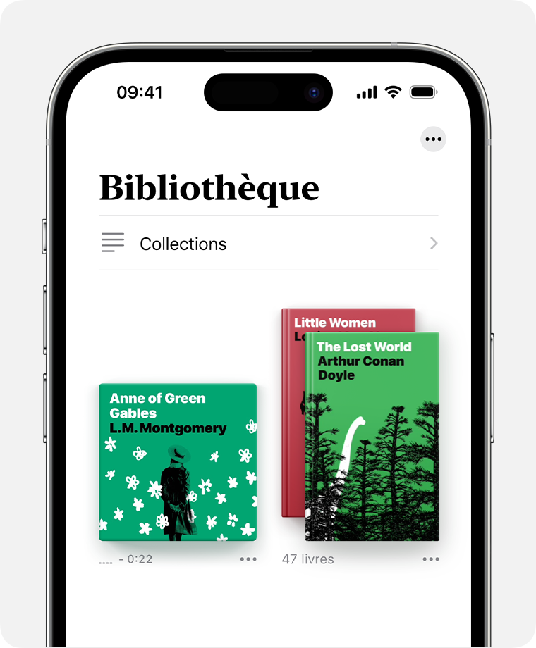 Écran d’iPhone montrant la section Bibliothèque de l’app Livres. 