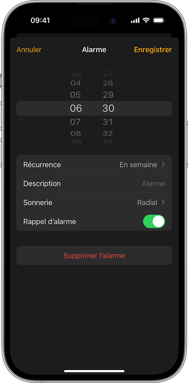 Modifier une alarme sur un iPhone dans l’app Horloge.