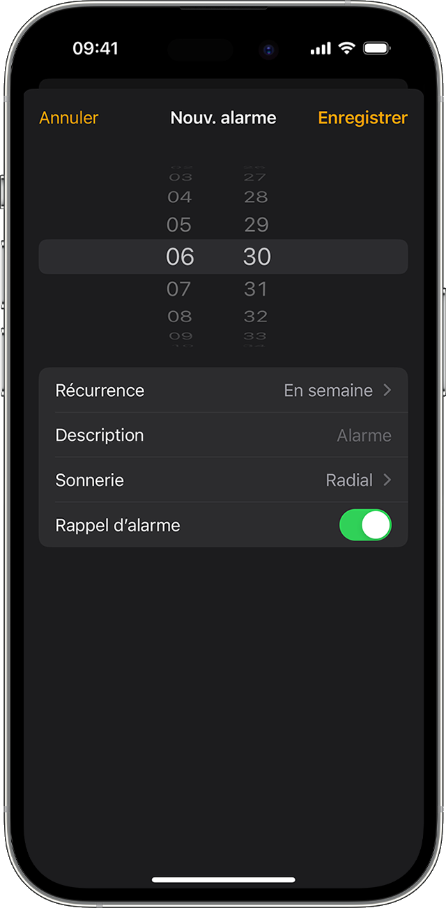 Définir une alarme sur un iPhone dans l’app Horloge. 