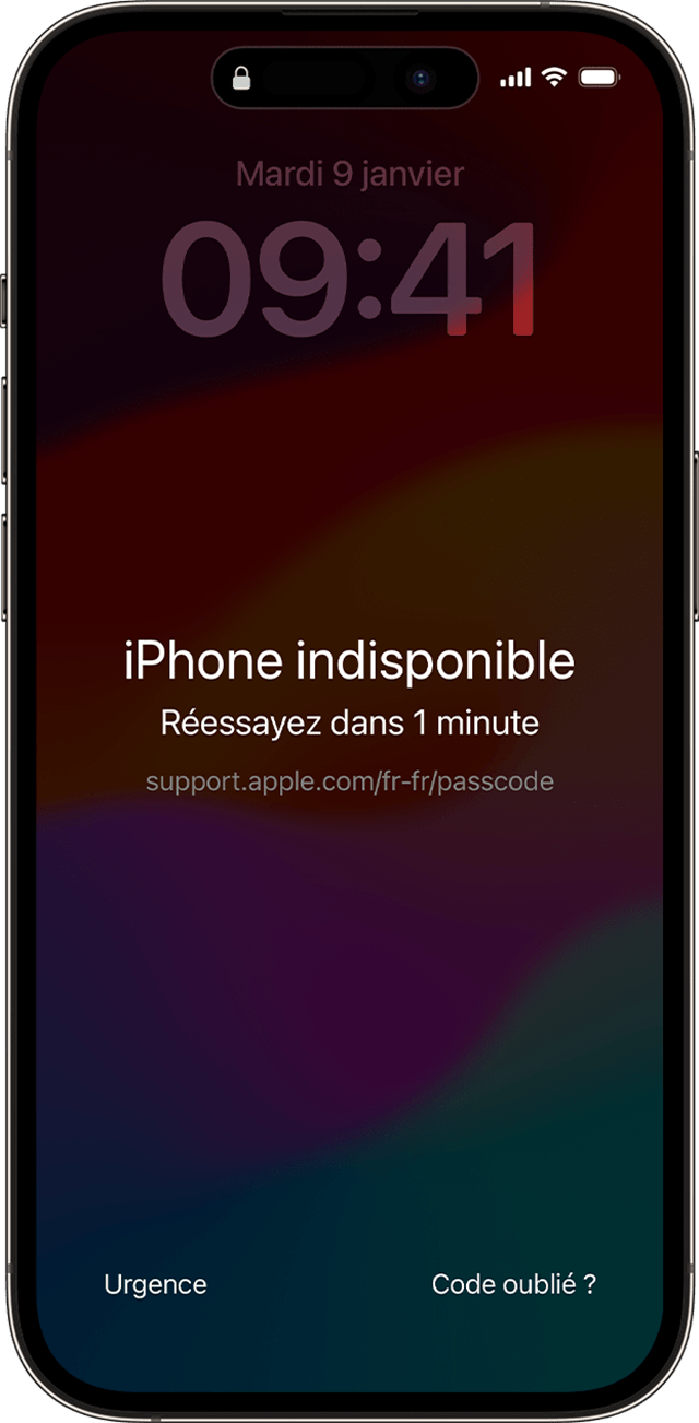Le message « iPhone indisponible » s’affiche sur un iPhone après que vous avez saisi un code d’accès incorrect.