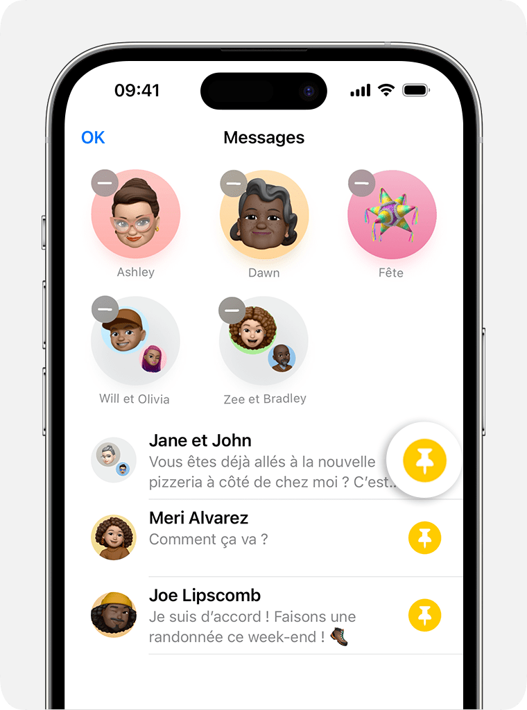 Dans Messages, utilisez l’icône d’épingle pour choisir les conversations à conserver en haut de la page de vos conversations.