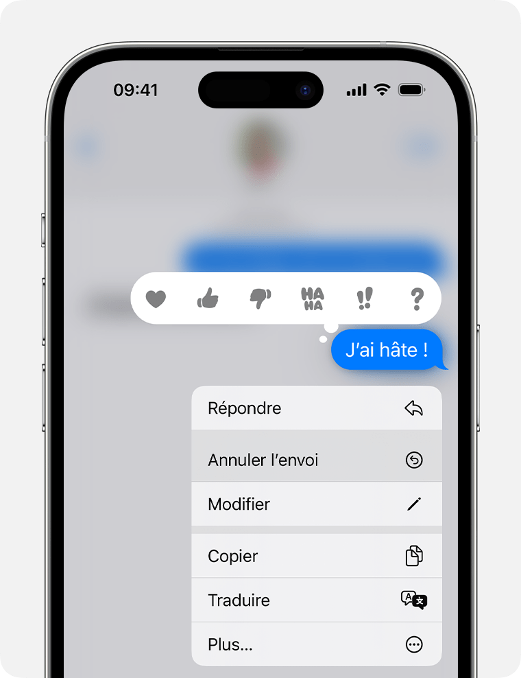 Touchez un message de manière prolongée sous iOS 16 ou version ultérieure pour afficher l’option Annuler l’envoi.