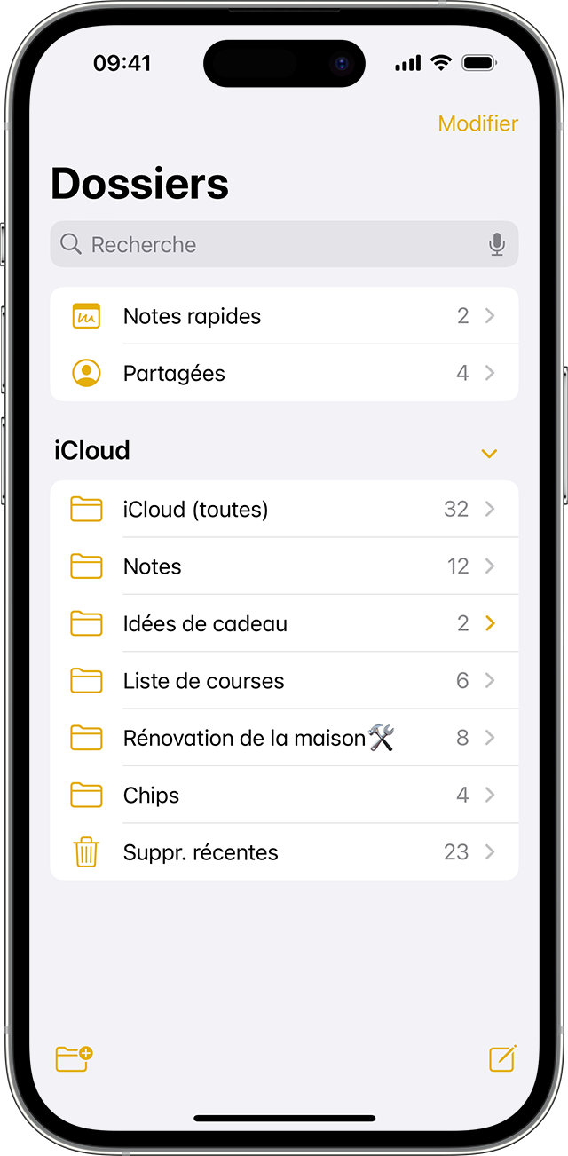 iPhone montrant comment créer un dossier dans l’app Notes