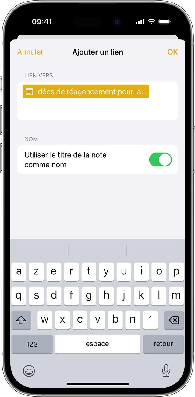 Options permettant d’ajouter un lien dans Notes sur votre iPhone sous iOS 17 ou version ultérieure
