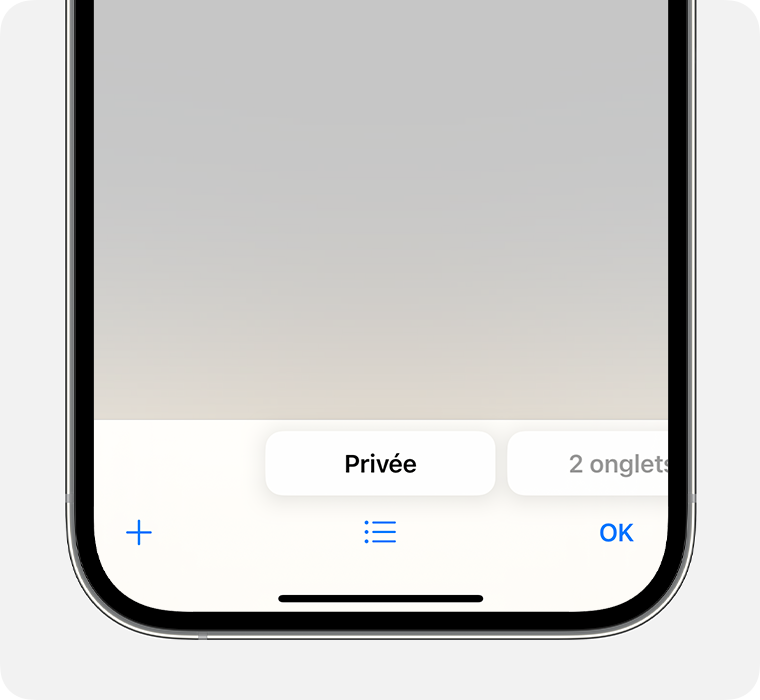 Un iPhone montrant l’app Safari avec le groupe d’onglets privés sélectionné.
