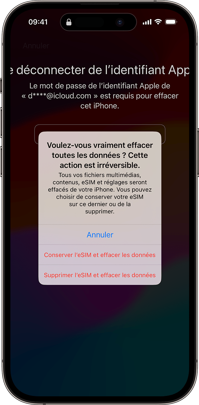 Lorsque vous réinitialisez votre code d’accès dans iOS 17 et versions ultérieures, vous pouvez conserver ou supprimer votre eSIM.