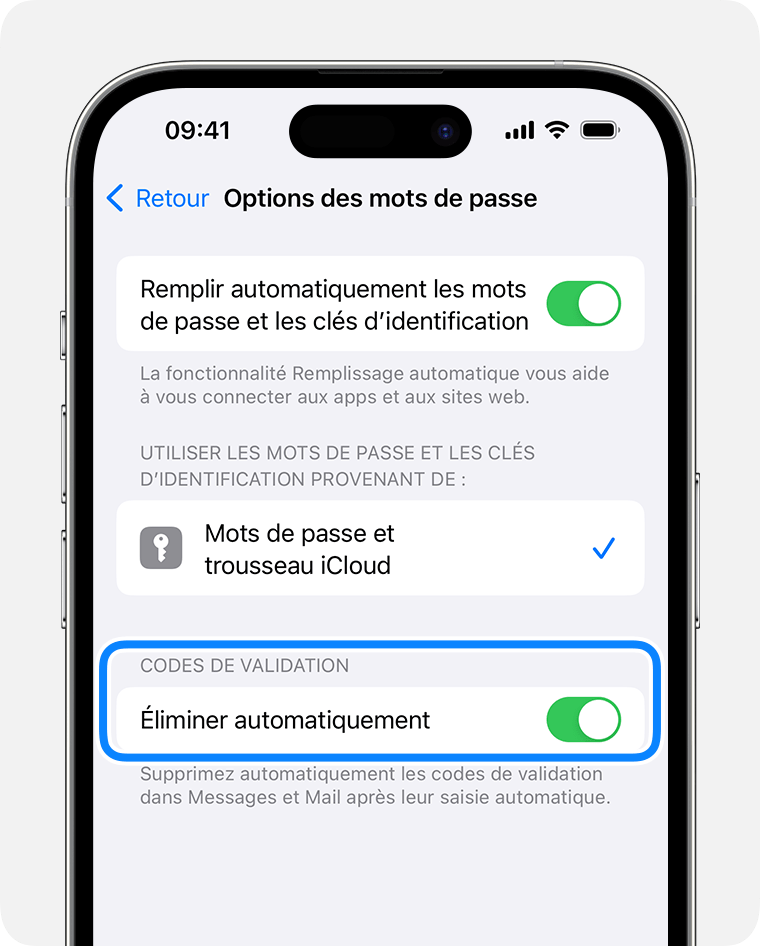 Sous iOS 17 et versions ultérieures, Messages peut supprimer automatiquement les messages contenant un code de validation du mot de passe une fois ce code utilisé. 